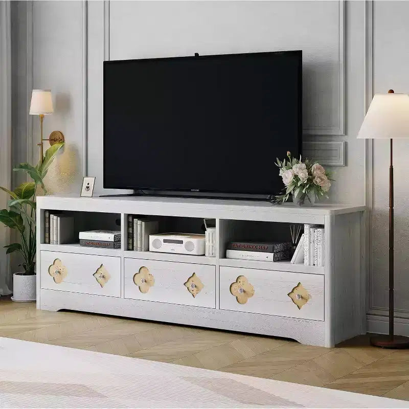 Mueble de TV Moderno de Mediados de Siglo de 70" para TV de 85" - Cajón Tallado con Tiradores de Cristal, Gestión de Cables, Capacidad de 220 libras, Centro de Medios de Madera MDF