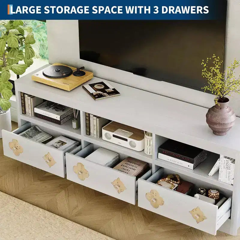 Mueble de TV Moderno de Mediados de Siglo de 70" para TV de 85" - Cajón Tallado con Tiradores de Cristal, Gestión de Cables, Capacidad de 220 libras, Centro de Medios de Madera MDF