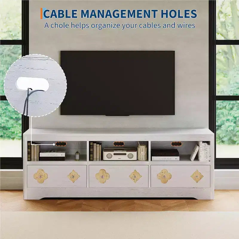 Mueble de TV Moderno de Mediados de Siglo de 70" para TV de 85" - Cajón Tallado con Tiradores de Cristal, Gestión de Cables, Capacidad de 220 libras, Centro de Medios de Madera MDF