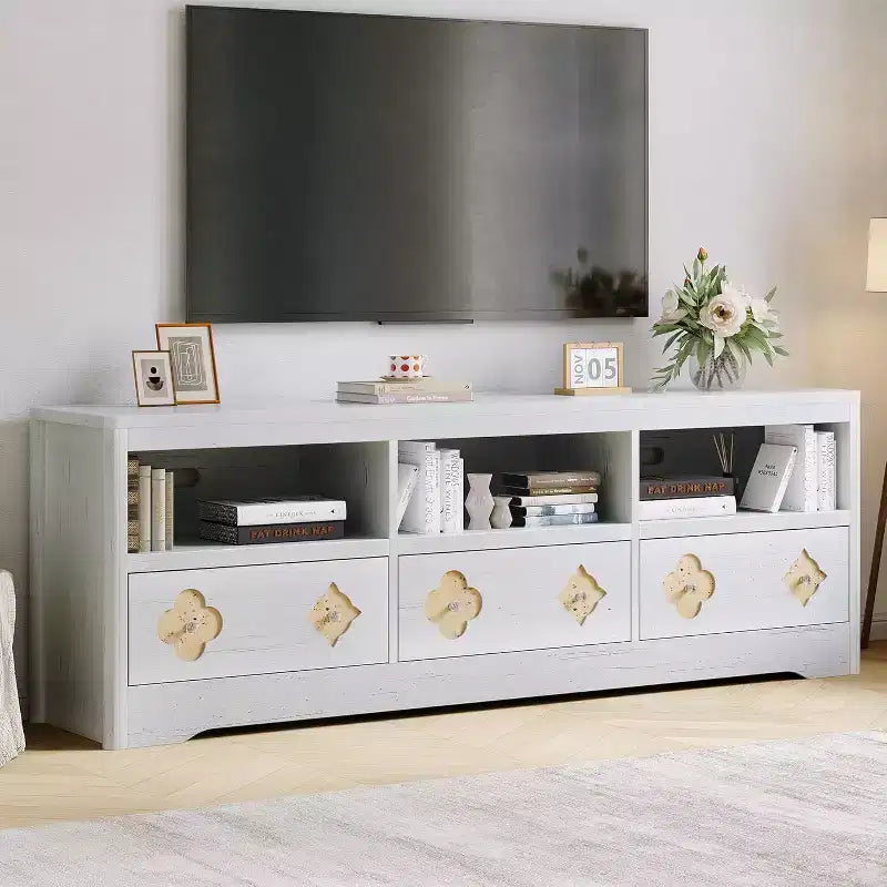 Mueble de TV Moderno de Mediados de Siglo de 70" para TV de 85" - Cajón Tallado con Tiradores de Cristal, Gestión de Cables, Capacidad de 220 libras, Centro de Medios de Madera MDF