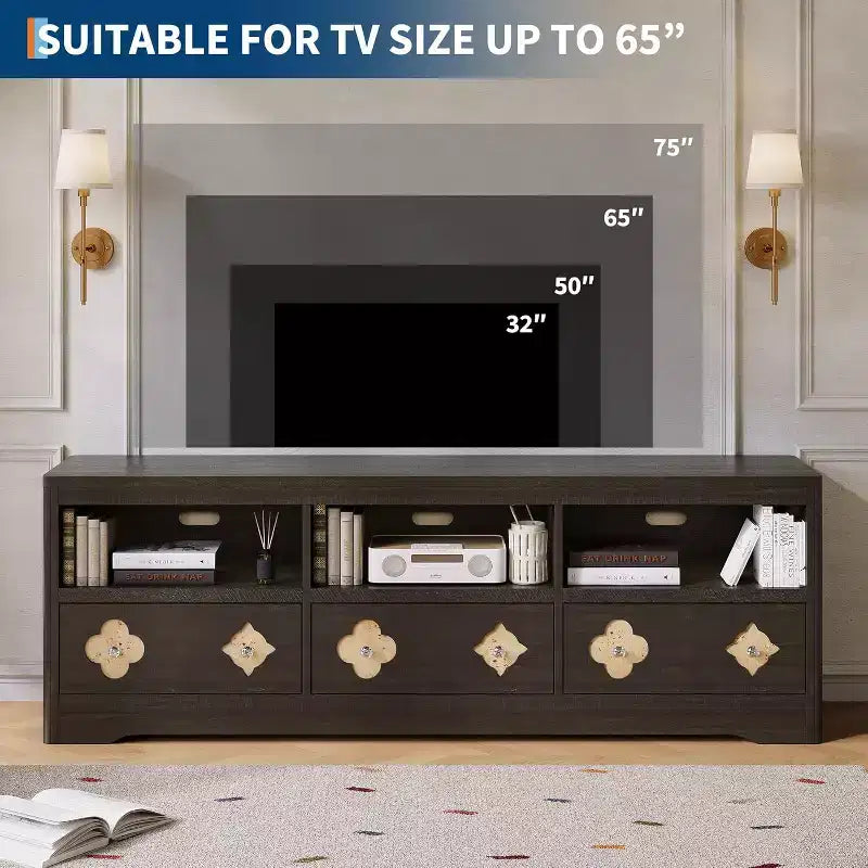 Mueble de TV Moderno de Mediados de Siglo de 70" para TV de 85" - Cajón Tallado con Tiradores de Cristal, Gestión de Cables, Capacidad de 220 libras, Centro de Medios de Madera MDF