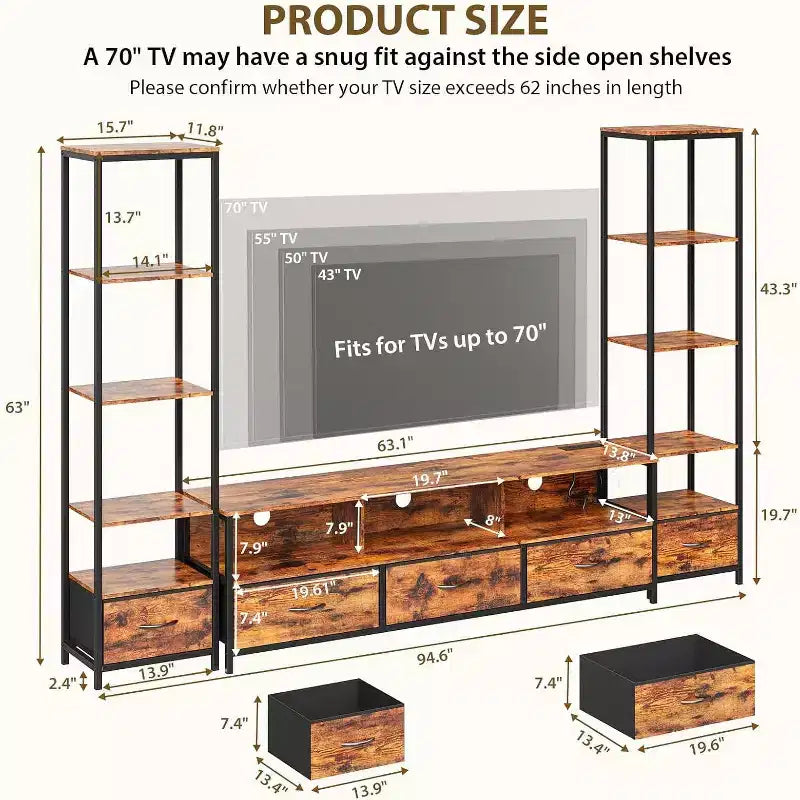 Muebles de TV para Sala de Estar, Mueble de TV LED con Estanterías, Centro de Entretenimiento Estilo Rústico para Televisores de 65 pulgadas, Gabinete de TV para Sala de Estar