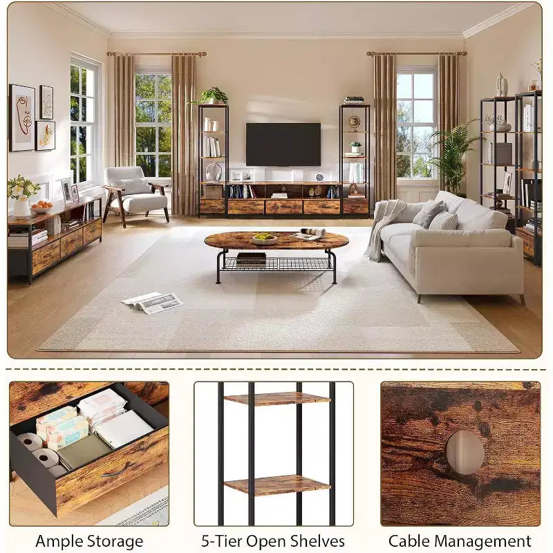 Muebles de TV para Sala de Estar, Mueble de TV LED con Estanterías, Centro de Entretenimiento Estilo Rústico para Televisores de 65 pulgadas, Gabinete de TV para Sala de Estar