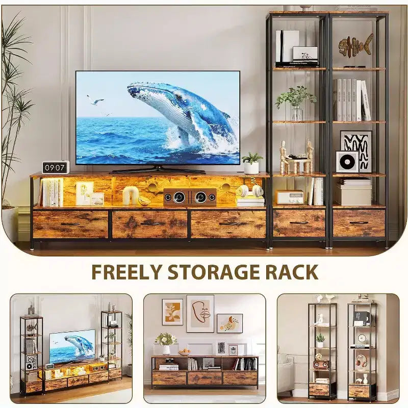 Muebles de TV para Sala de Estar, Mueble de TV LED con Estanterías, Centro de Entretenimiento Estilo Rústico para Televisores de 65 pulgadas, Gabinete de TV para Sala de Estar
