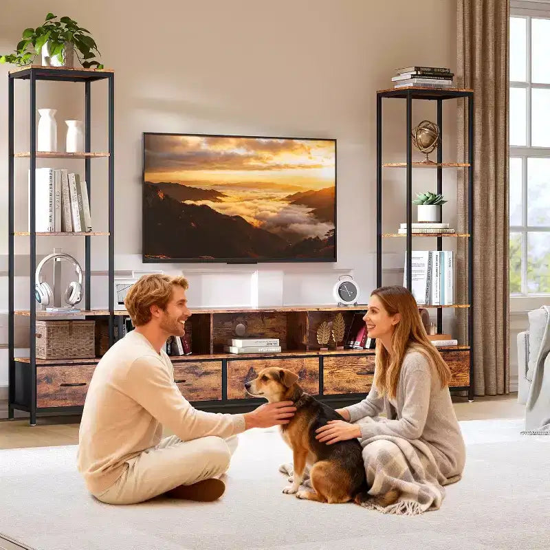 Muebles de TV para Sala de Estar, Mueble de TV LED con Estanterías, Centro de Entretenimiento Estilo Rústico para Televisores de 65 pulgadas, Gabinete de TV para Sala de Estar