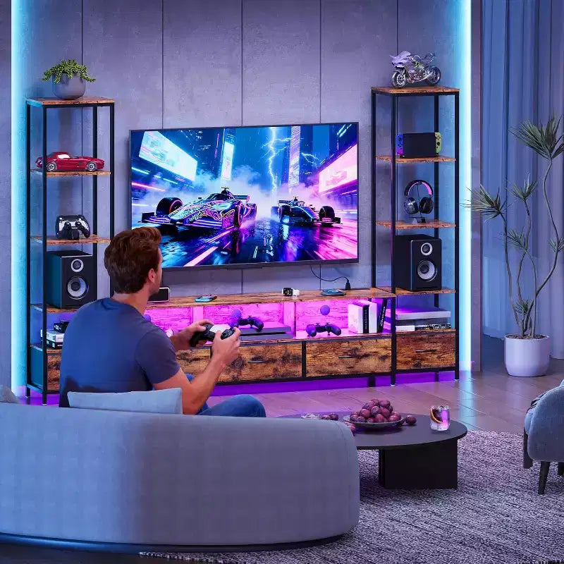 Muebles de TV para Sala de Estar, Mueble de TV LED con Estanterías, Centro de Entretenimiento Estilo Rústico para Televisores de 65 pulgadas, Gabinete de TV para Sala de Estar