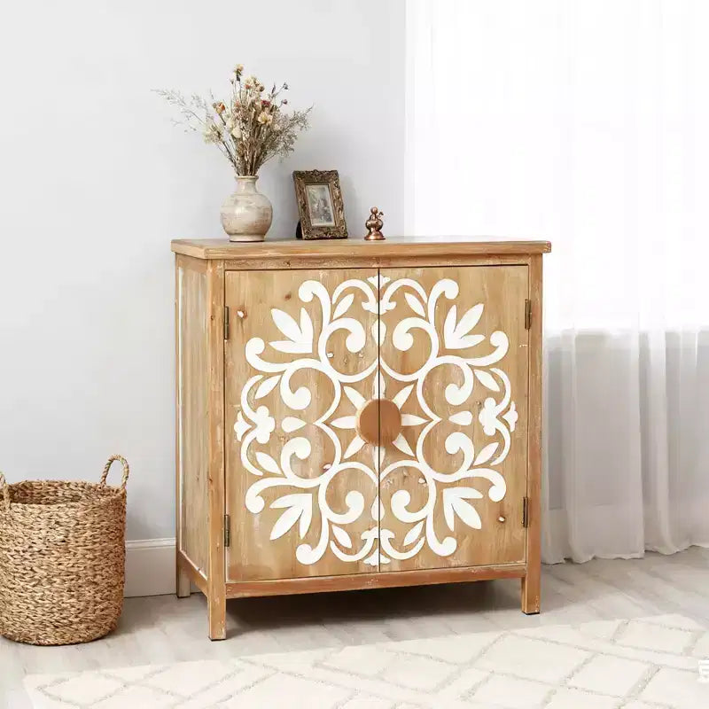 Gabinete rústico de madera con puertas talladas con motivos florales, gabinete de almacenamiento de 2 puertas para sala de estar