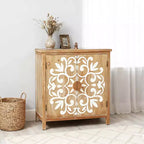 Gabinete rústico de madera con puertas talladas con motivos florales, gabinete de almacenamiento de 2 puertas para sala de estar