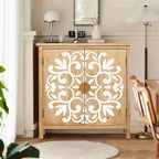 Gabinete rústico de madera con puertas talladas con motivos florales, gabinete de almacenamiento de 2 puertas para sala de estar