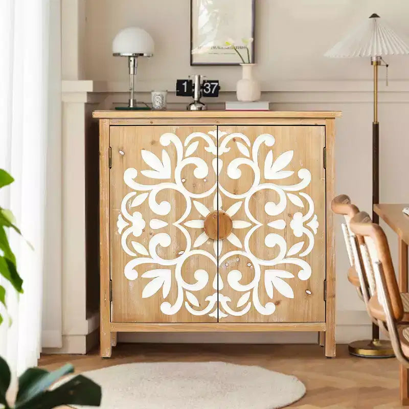 Gabinete rústico de madera con puertas talladas con motivos florales, gabinete de almacenamiento de 2 puertas para sala de estar