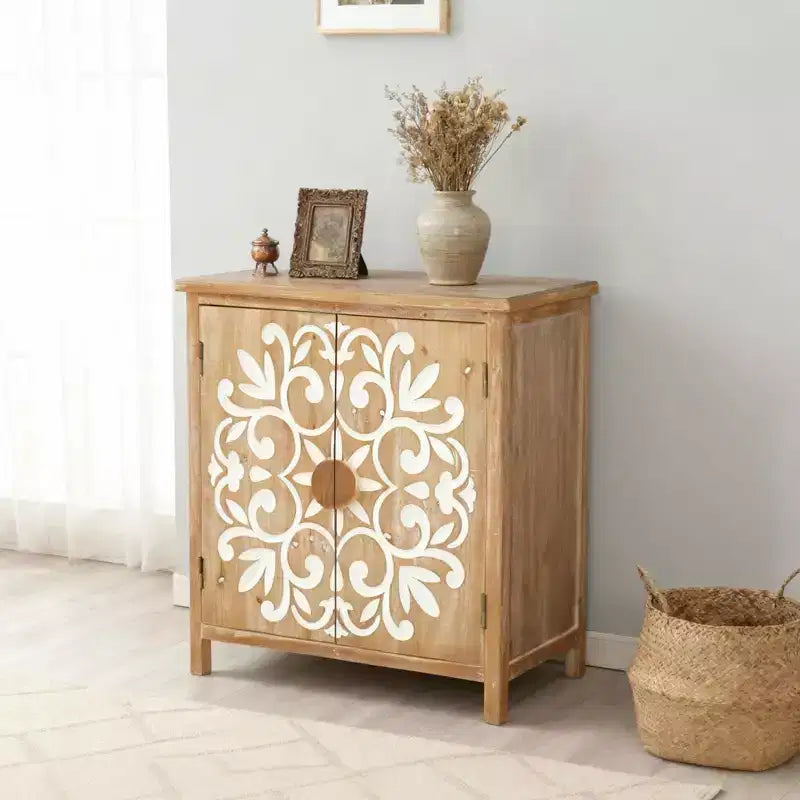 Gabinete rústico de madera con puertas talladas con motivos florales, gabinete de almacenamiento de 2 puertas para sala de estar