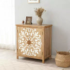 Gabinete rústico de madera con puertas talladas con motivos florales, gabinete de almacenamiento de 2 puertas para sala de estar