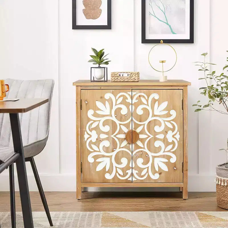Gabinete rústico de madera con puertas talladas con motivos florales, gabinete de almacenamiento de 2 puertas para sala de estar