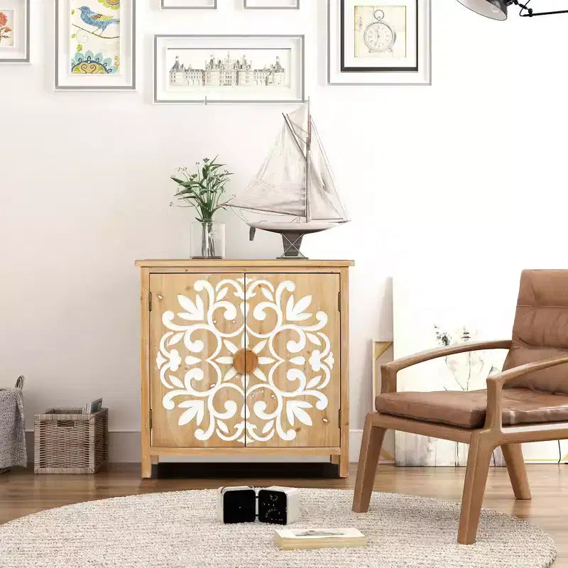 Gabinete rústico de madera con puertas talladas con motivos florales, gabinete de almacenamiento de 2 puertas para sala de estar