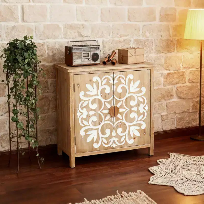 Gabinete rústico de madera con puertas talladas con motivos florales, gabinete de almacenamiento de 2 puertas para sala de estar