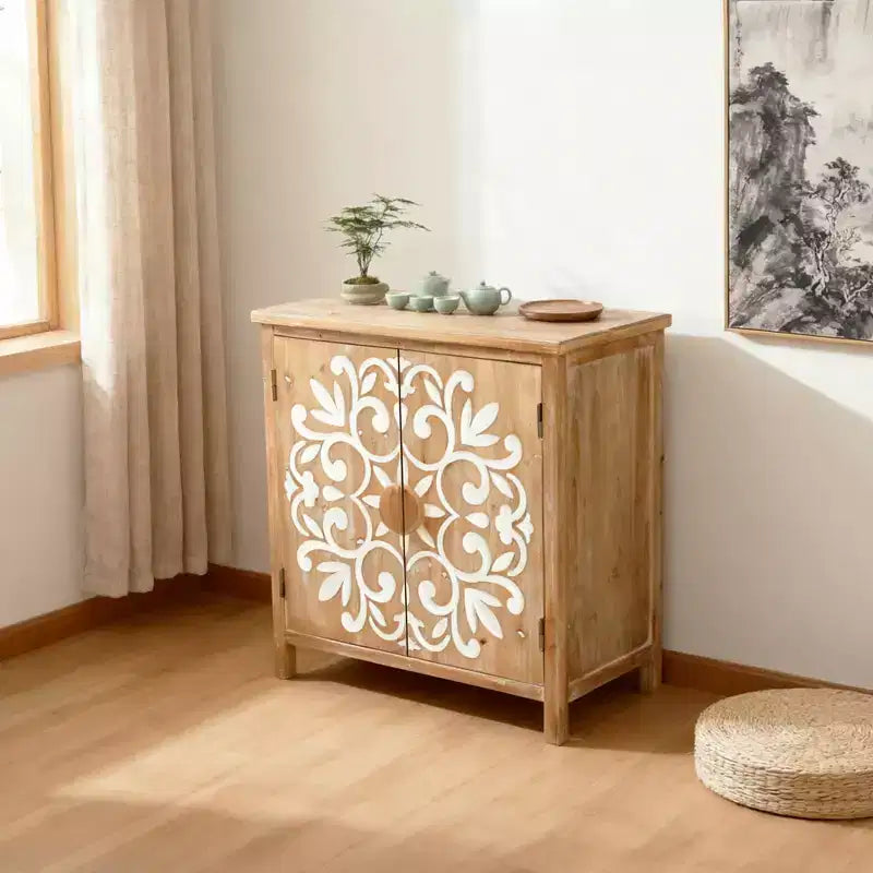 Gabinete rústico de madera con puertas talladas con motivos florales, gabinete de almacenamiento de 2 puertas para sala de estar