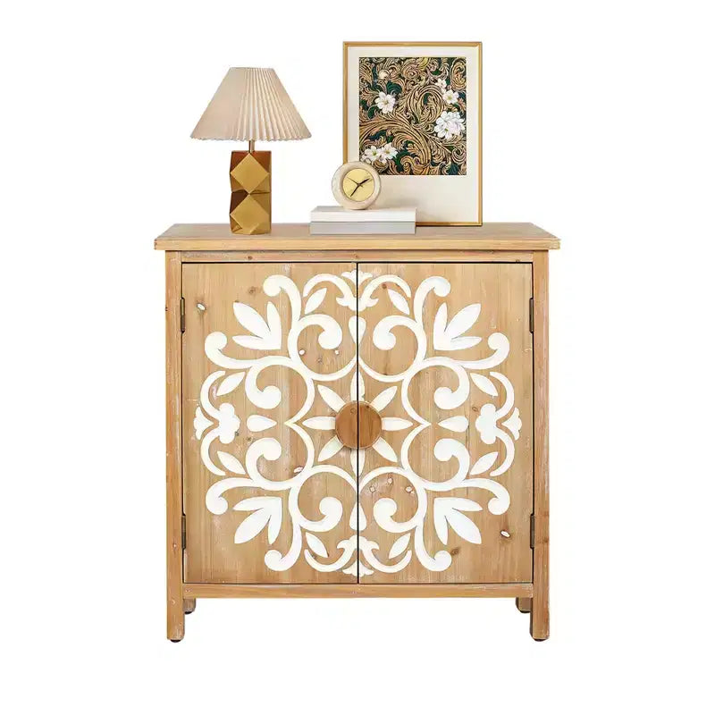 Gabinete rústico de madera con puertas talladas con motivos florales, gabinete de almacenamiento de 2 puertas para sala de estar