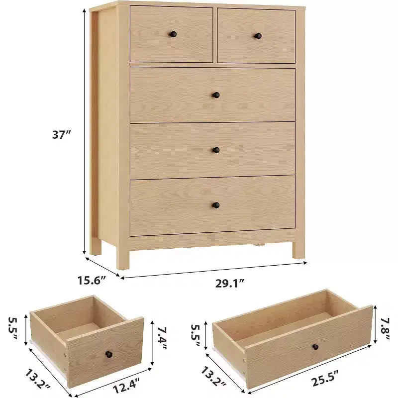 Cómoda de madera de 5 cajones con acabado natural, arcón de almacenamiento moderno para dormitorio, cuarto de bebé y pasillo