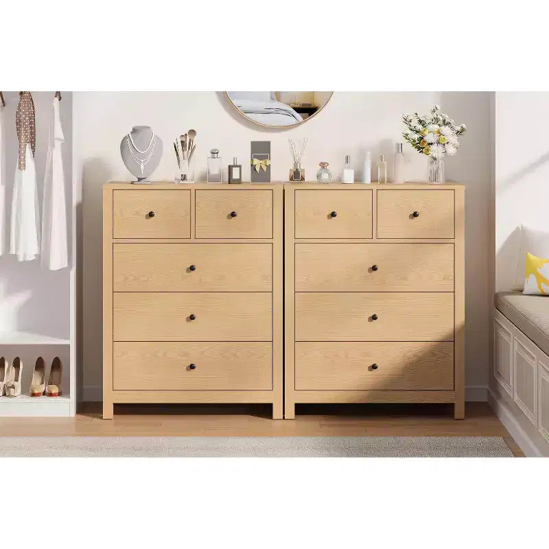 Cómoda de madera de 5 cajones con acabado natural, arcón de almacenamiento moderno para dormitorio, cuarto de bebé y pasillo