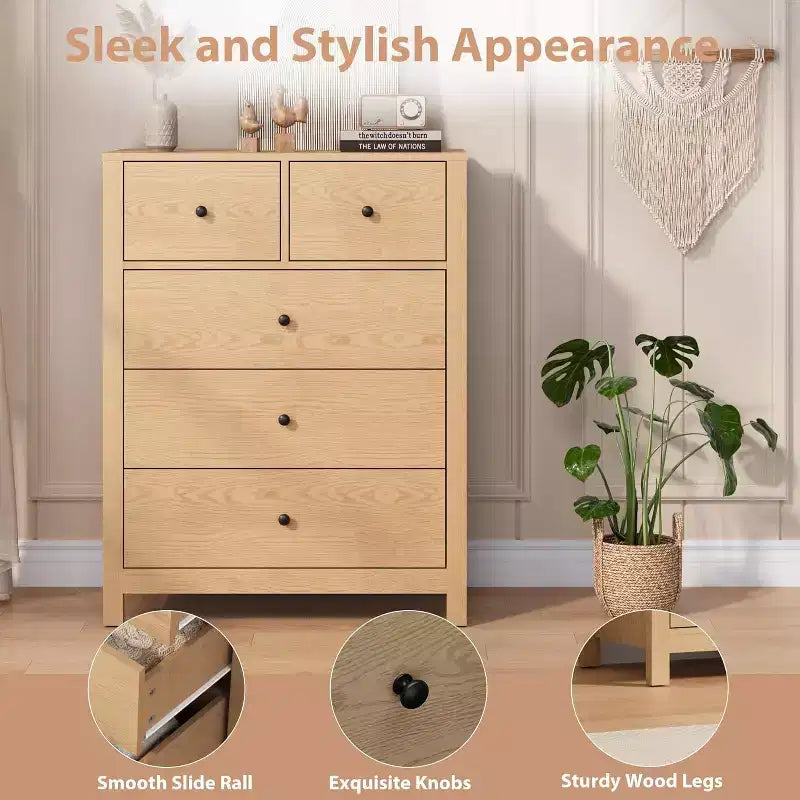 Cómoda de madera de 5 cajones con acabado natural, arcón de almacenamiento moderno para dormitorio, cuarto de bebé y pasillo