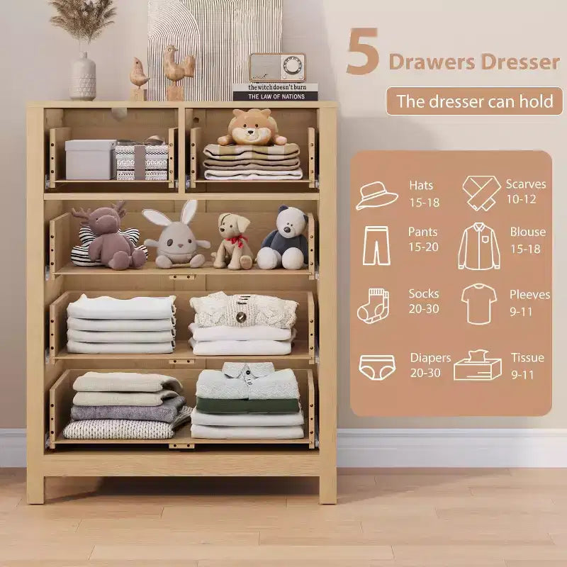 Cómoda de madera de 5 cajones con acabado natural, arcón de almacenamiento moderno para dormitorio, cuarto de bebé y pasillo