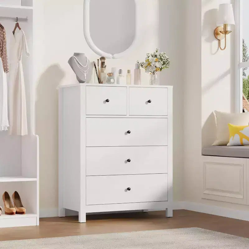Cómoda de madera de 5 cajones con acabado natural, arcón de almacenamiento moderno para dormitorio, cuarto de bebé y pasillo