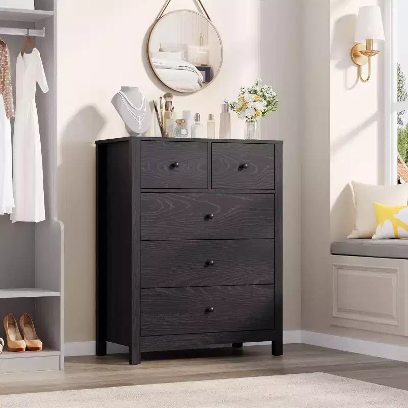 Cómoda de madera de 5 cajones con acabado natural, arcón de almacenamiento moderno para dormitorio, cuarto de bebé y pasillo
