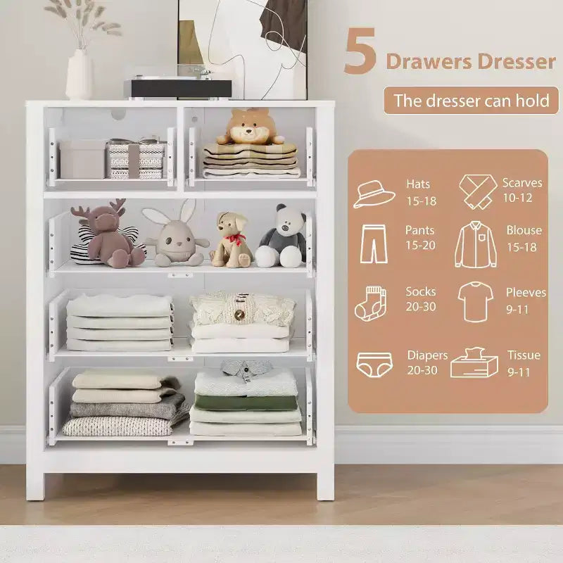 Cómoda de madera de 5 cajones con acabado natural, arcón de almacenamiento moderno para dormitorio, cuarto de bebé y pasillo