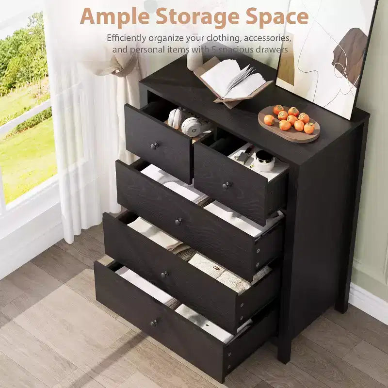 Cómoda de madera de 5 cajones con acabado natural, arcón de almacenamiento moderno para dormitorio, cuarto de bebé y pasillo