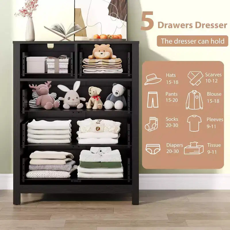 Cómoda de madera de 5 cajones con acabado natural, arcón de almacenamiento moderno para dormitorio, cuarto de bebé y pasillo