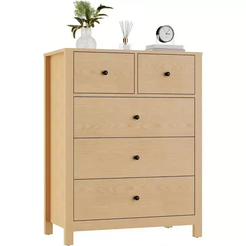 Cómoda de madera de 5 cajones con acabado natural, arcón de almacenamiento moderno para dormitorio, cuarto de bebé y pasillo