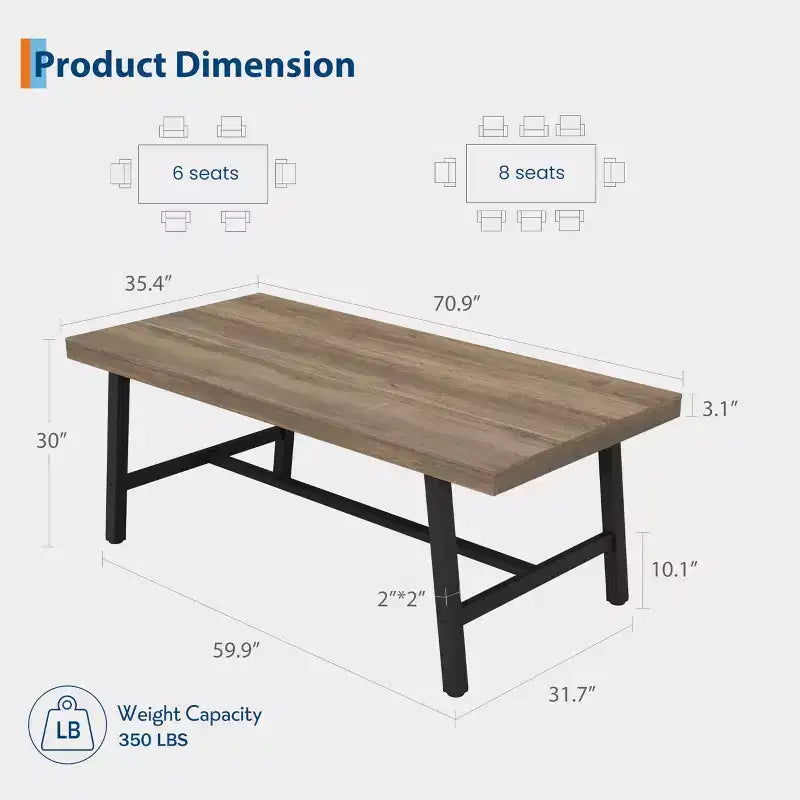 Mesa de comedor rectangular de 70.87 pulgadas para 6-8 personas, mesa de comedor grande y larga con tablero de madera rústica, estructura de metal fuerte, estilo industrial moderno