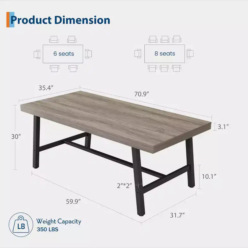 Mesa de comedor rectangular de 70.87 pulgadas para 6-8 personas, mesa de comedor grande y larga con tablero de madera rústica, estructura de metal fuerte, estilo industrial moderno