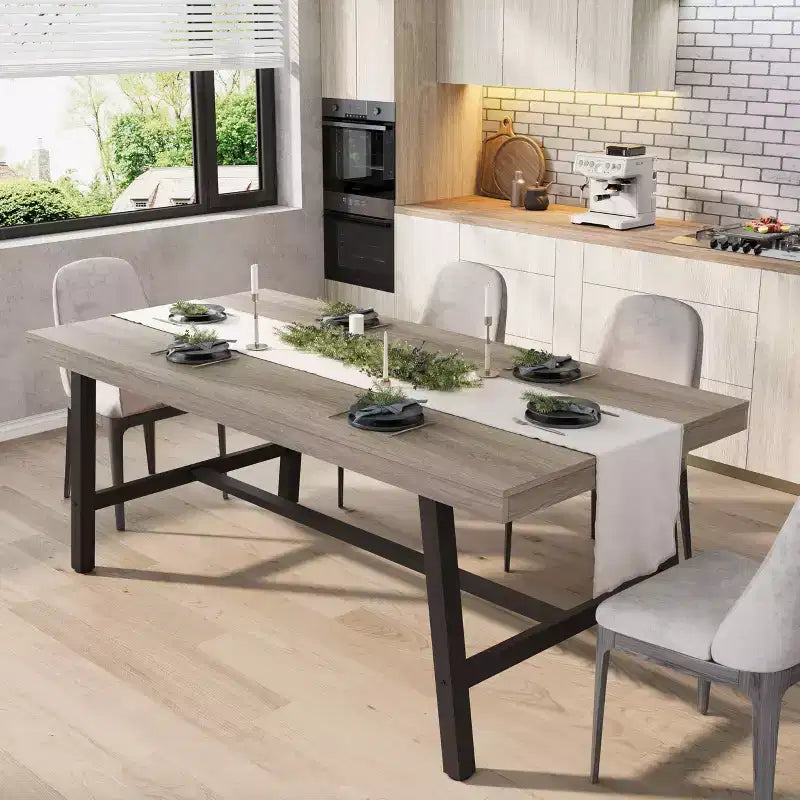 Mesa de comedor rectangular de 70.87 pulgadas para 6-8 personas, mesa de comedor grande y larga con tablero de madera rústica, estructura de metal fuerte, estilo industrial moderno
