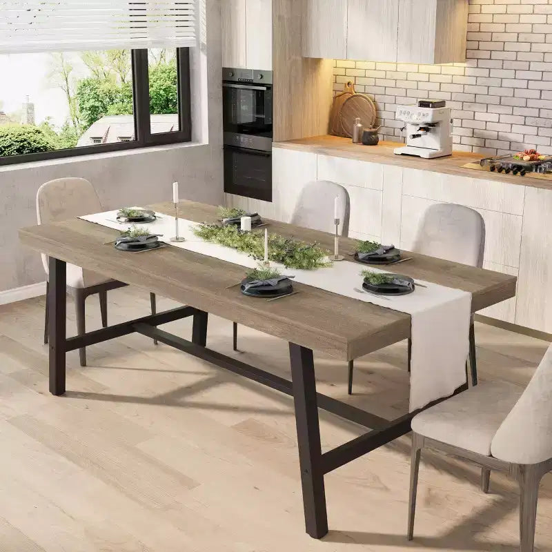 Mesa de comedor rectangular de 70.87 pulgadas para 6-8 personas, mesa de comedor grande y larga con tablero de madera rústica, estructura de metal fuerte, estilo industrial moderno