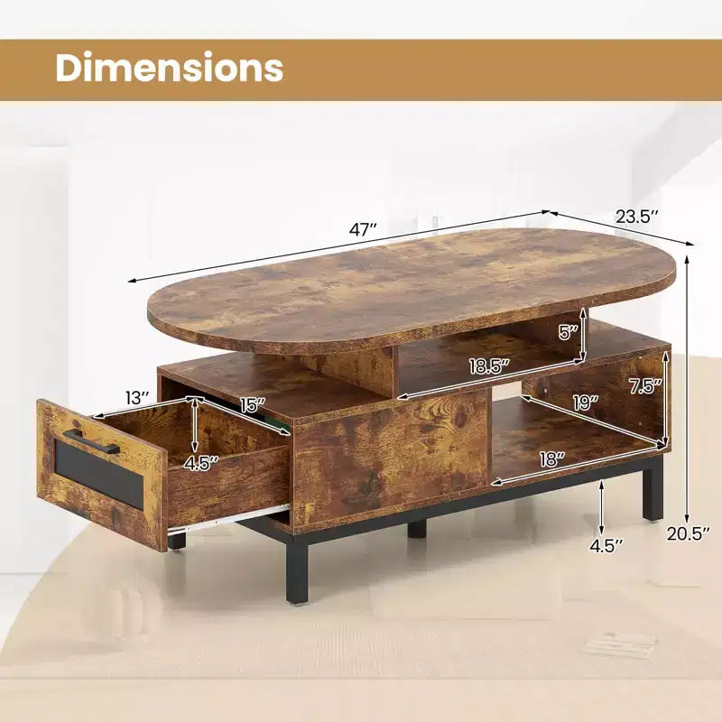 Costway Table basse ovale 47" avec 4 compartiments ouverts et tiroir, 5 pieds de support Marron/Naturel