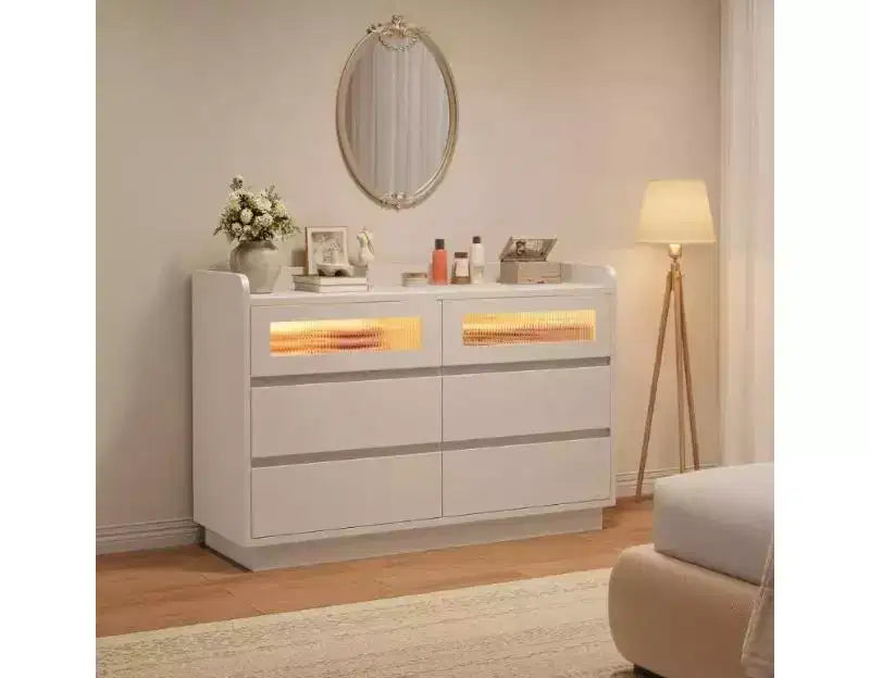 Cómoda de 6 cajones para dormitorio | Armario de madera de 47,2" con 2 cajones de cristal para pasillo, entrada y organización