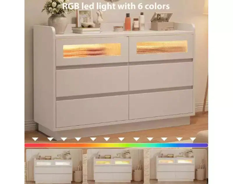 Cómoda de 6 cajones para dormitorio | Armario de madera de 47,2" con 2 cajones de cristal para pasillo, entrada y organización