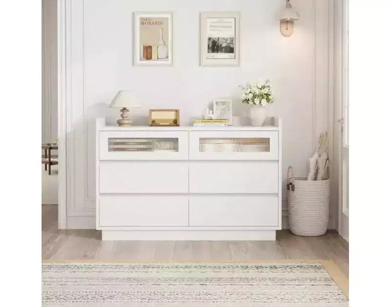 Cómoda de 6 cajones para dormitorio | Armario de madera de 47,2" con 2 cajones de cristal para pasillo, entrada y organización
