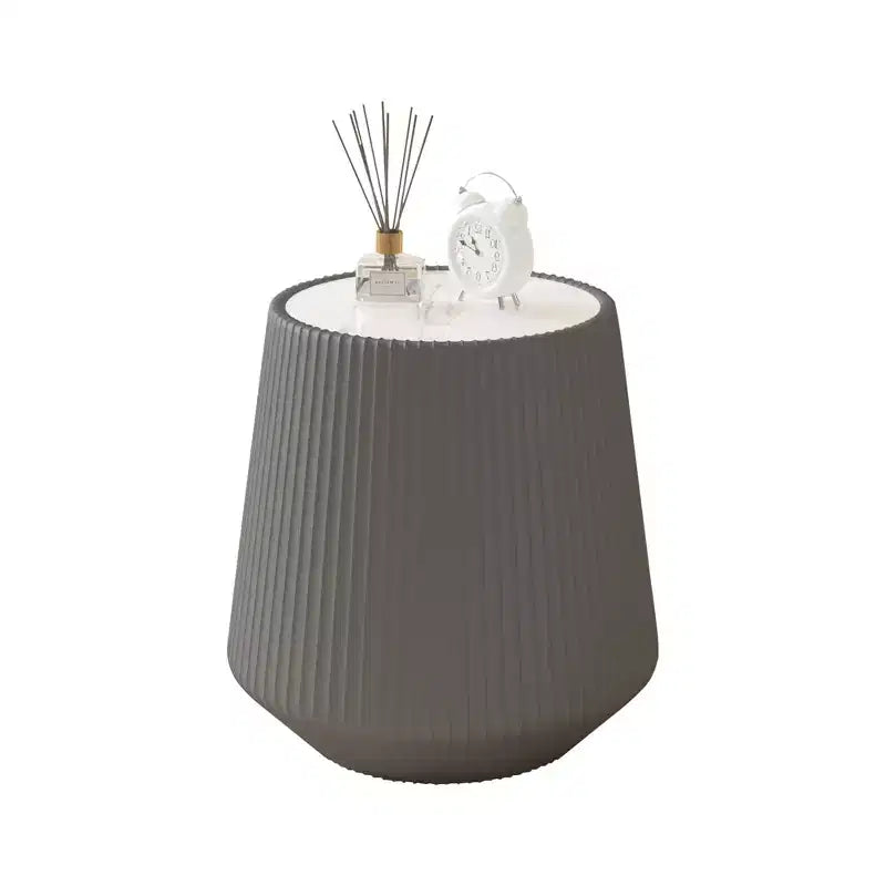 Mesa de centro redonda de cuero con tapa de piedra sinterizada y envoltura de cuero de microfibra