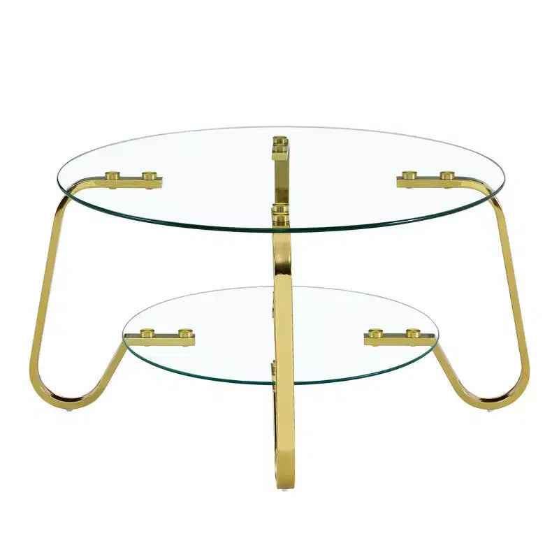 Mesa de centro retro minimalista con estructura de metal y doble capa de vidrio templado, tamaño 31.5x31.5x17.7 pulgadas