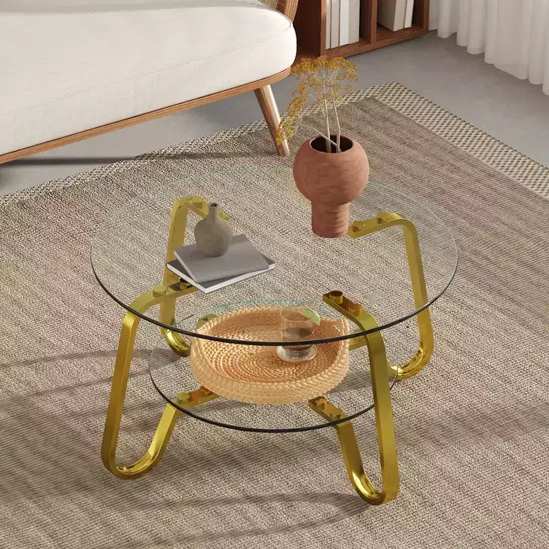 Mesa de centro retro minimalista con estructura de metal y doble capa de vidrio templado, tamaño 31.5x31.5x17.7 pulgadas