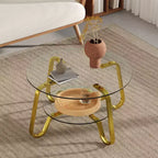 Mesa de centro retro minimalista con estructura de metal y doble capa de vidrio templado, tamaño 31.5x31.5x17.7 pulgadas
