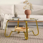 Mesa de centro retro minimalista con estructura de metal y doble capa de vidrio templado, tamaño 31.5x31.5x17.7 pulgadas