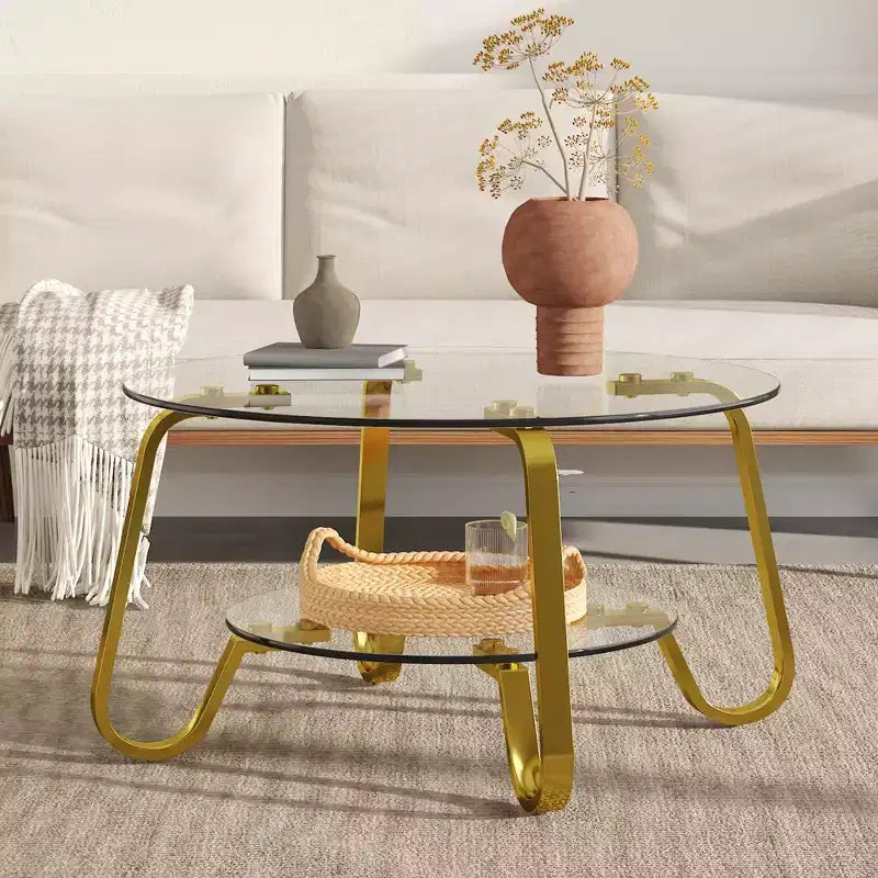Mesa de centro retro minimalista con estructura de metal y doble capa de vidrio templado, tamaño 31.5x31.5x17.7 pulgadas