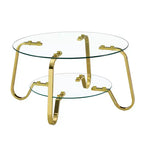 Mesa de centro retro minimalista con estructura de metal y doble capa de vidrio templado, tamaño 31.5x31.5x17.7 pulgadas