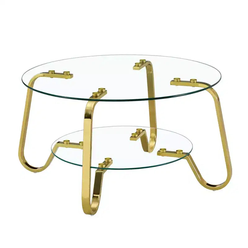 Mesa de centro retro minimalista con estructura de metal y doble capa de vidrio templado, tamaño 31.5x31.5x17.7 pulgadas