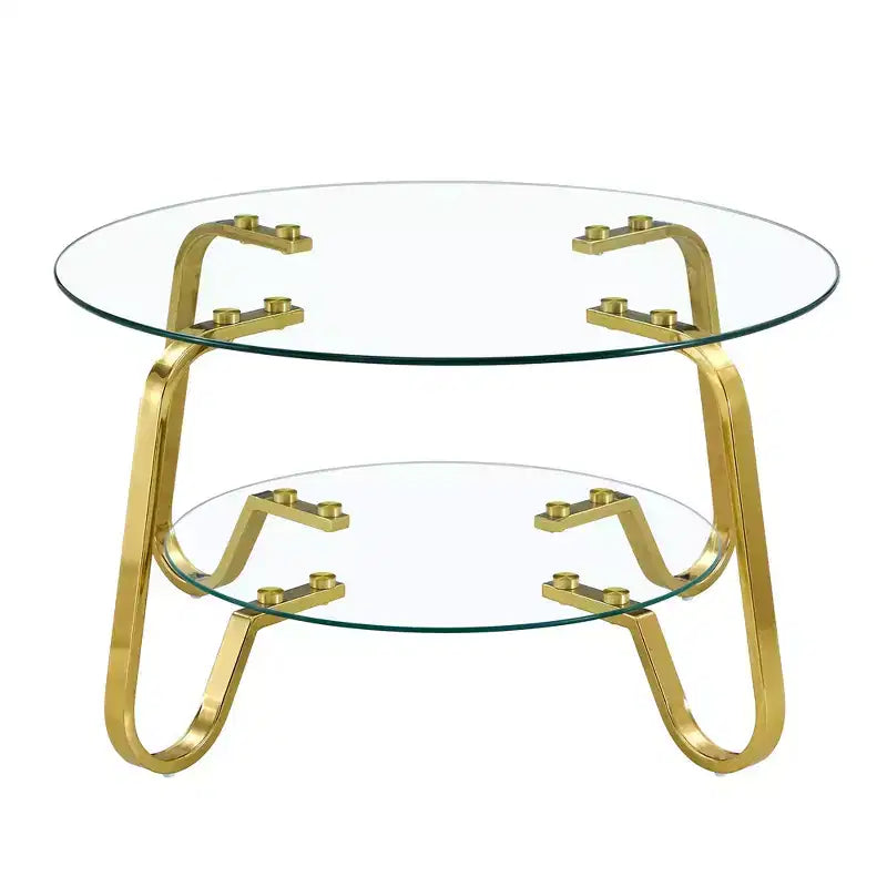 Mesa de centro retro minimalista con estructura de metal y doble capa de vidrio templado, tamaño 31.5x31.5x17.7 pulgadas