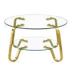 Mesa de centro retro minimalista con estructura de metal y doble capa de vidrio templado, tamaño 31.5x31.5x17.7 pulgadas