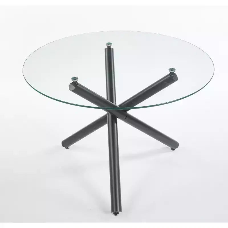 Black Dining Table with Metal Leg and Glass Top, 110x110x75cm, Modern Space-Saving Design for Kitchen or Living Room